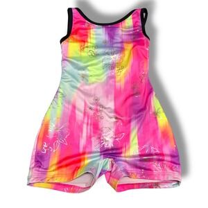 Justice‎ Girls Dance Gym Unitard M 10 Rainbow Tie Dye Metallic Floral Biketard